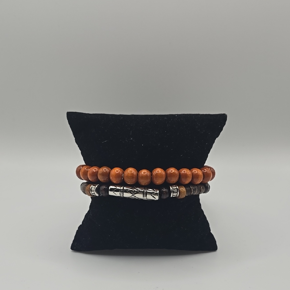 Wooden Bead‎ Bracelet with Silver Accents
